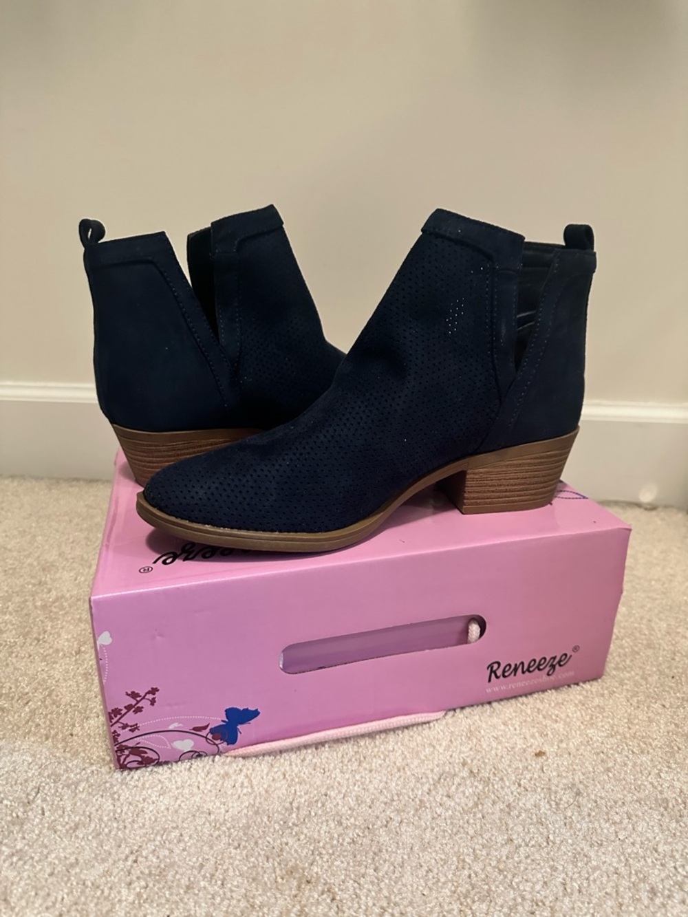 Reneeze Navy Perforated Ankle Booties with Low Stacked Heel